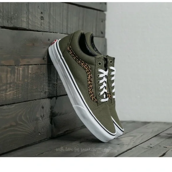 Vans Olive Green and Leopard Print Sneakers - Picture 4 of 8